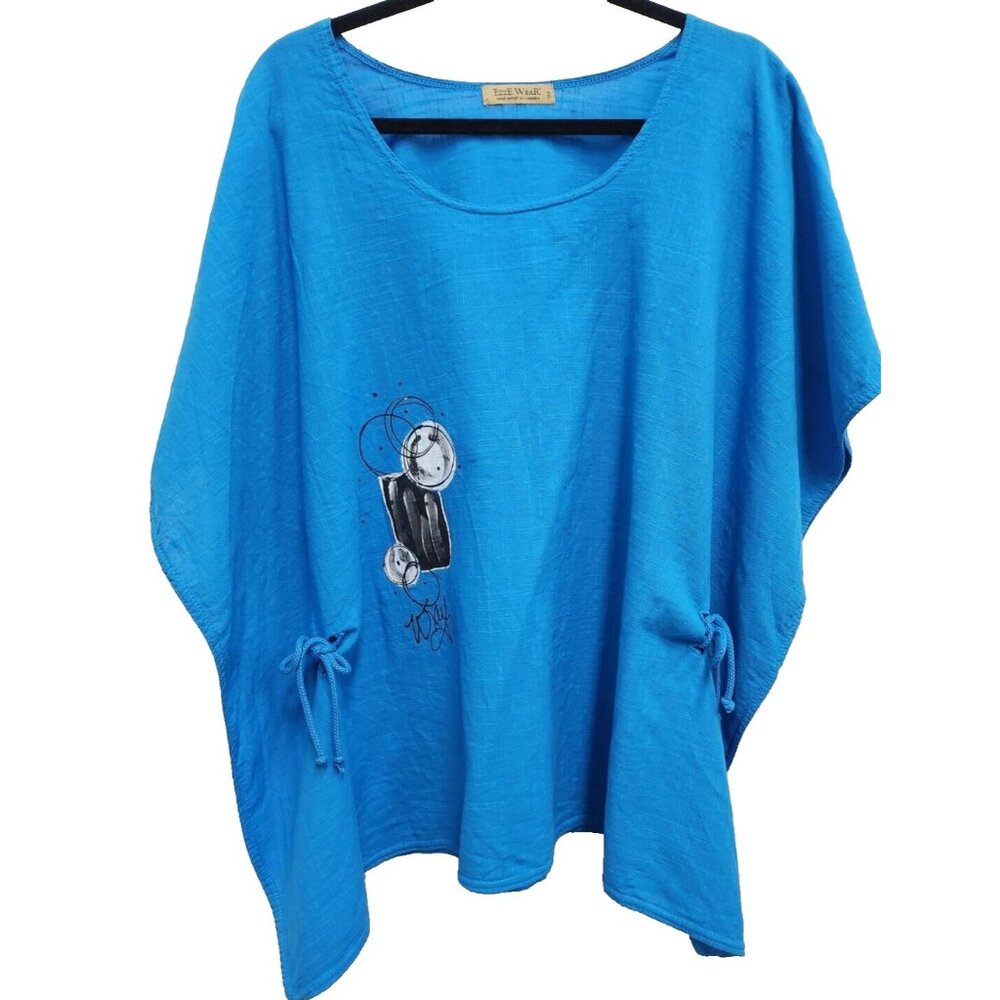Ezze Wear Womens Lagenlook Tunic Top Small Blue Oversized Linen Wearable Art